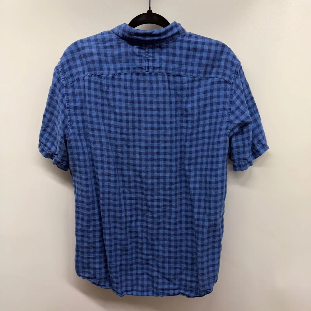 Banana Republic Camden Fit Blue Check Short Sleeve Linen Button Down Shirt Men L